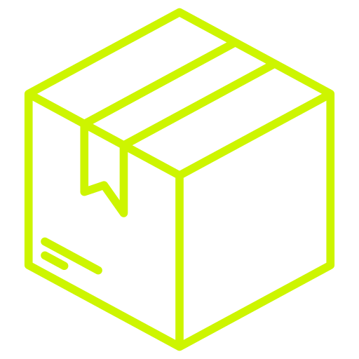 Line drawing of a cardboard box with a label on the front and a tab on top, outlined in neon green.