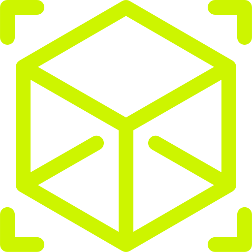Green outline of a 3D cube with arrows in corners indicating rotation.