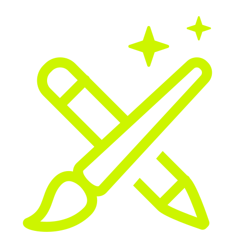 A neon green icon of a paintbrush and a pencil crossed over each other with two stars above, on a black background.
