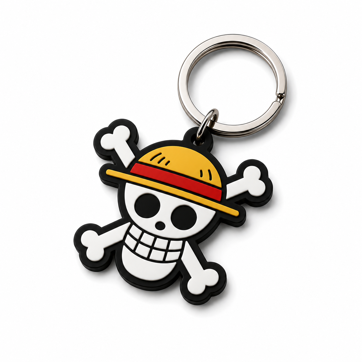 A keychain featuring a cartoon skull and crossbones with a straw hat, with the skull's eye sockets and nose highlighted in black, and the hat in yellow with a red band.