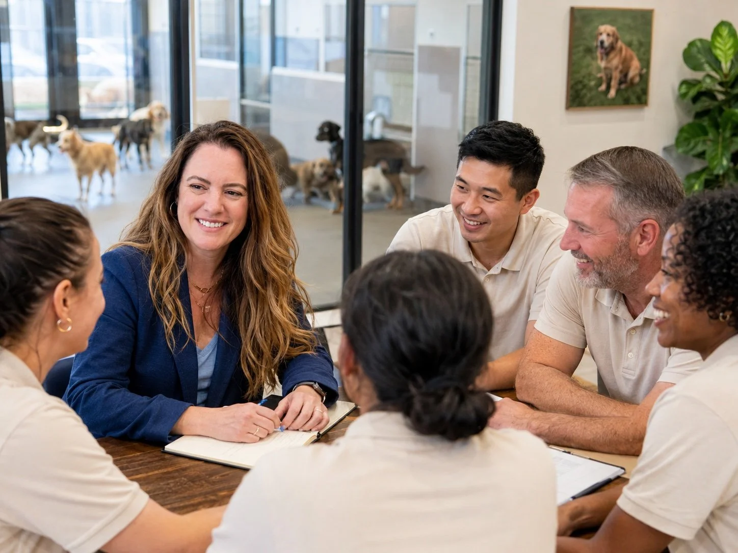Amber Burckhalter with team in a meeting room having a conversation, with dogs visible in the background through a glass wall.