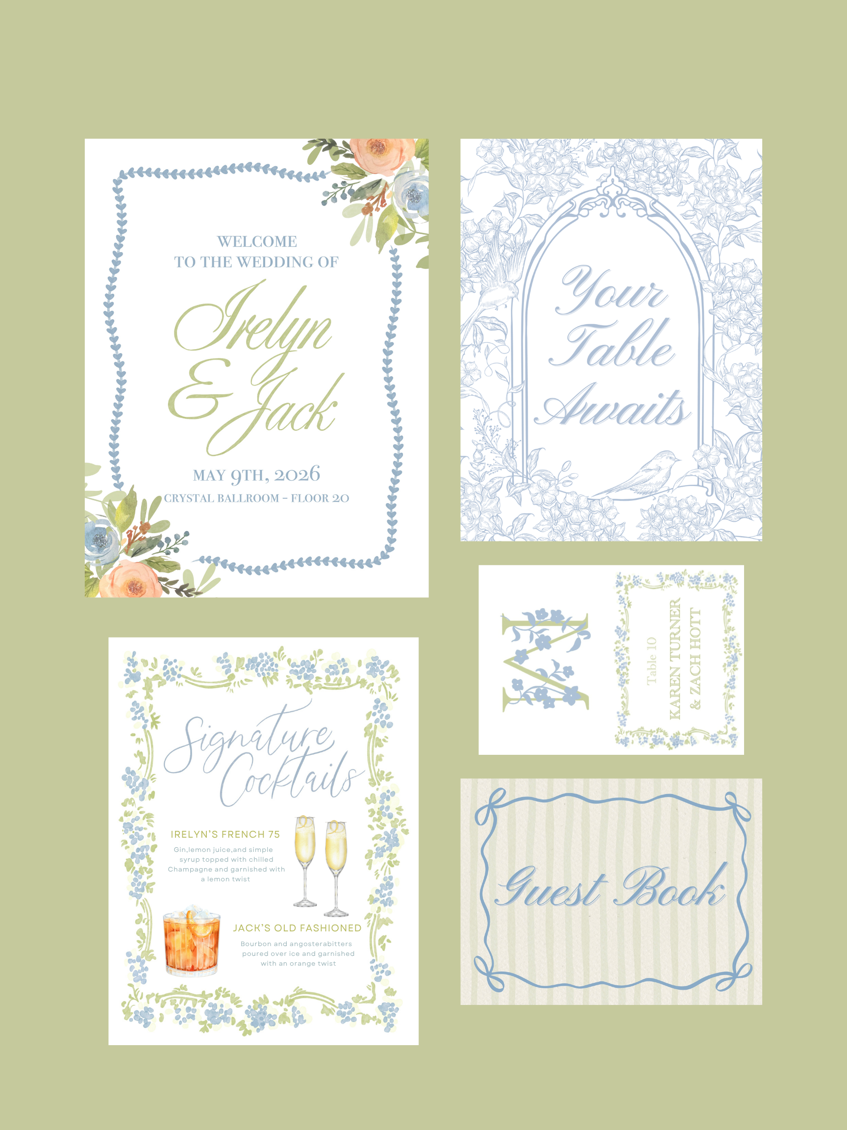 Collection of wedding and event invitations and signage with floral and elegant script designs and light pastel color palette. 