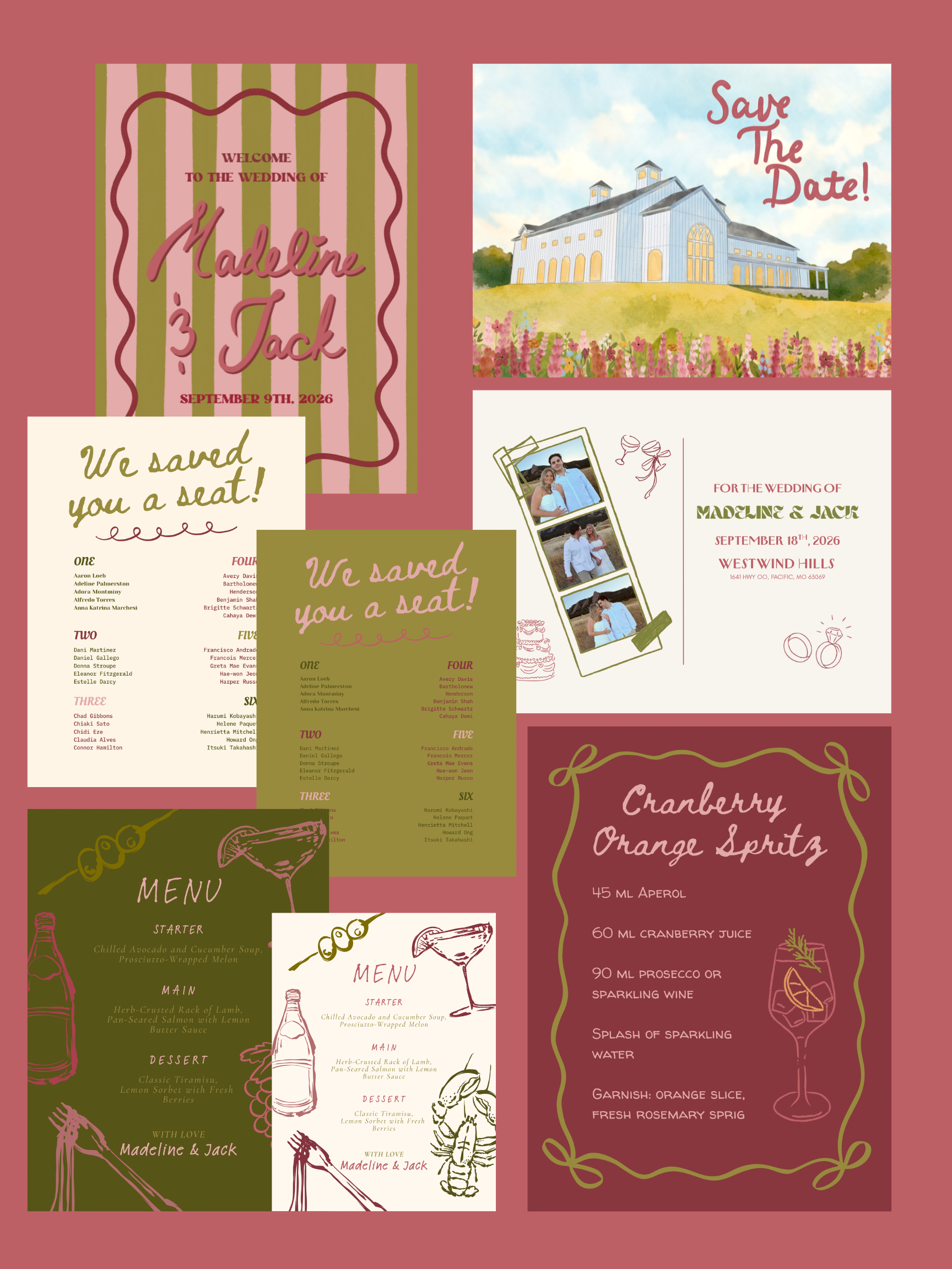 Collection of wedding invitation and menus with pink, white, and olive green color schemes. The invitations feature text such as "Welcome to the wedding of Madeline & Jack," "Save The Date!" The menu includes drinks like cranberry orange spritz and d