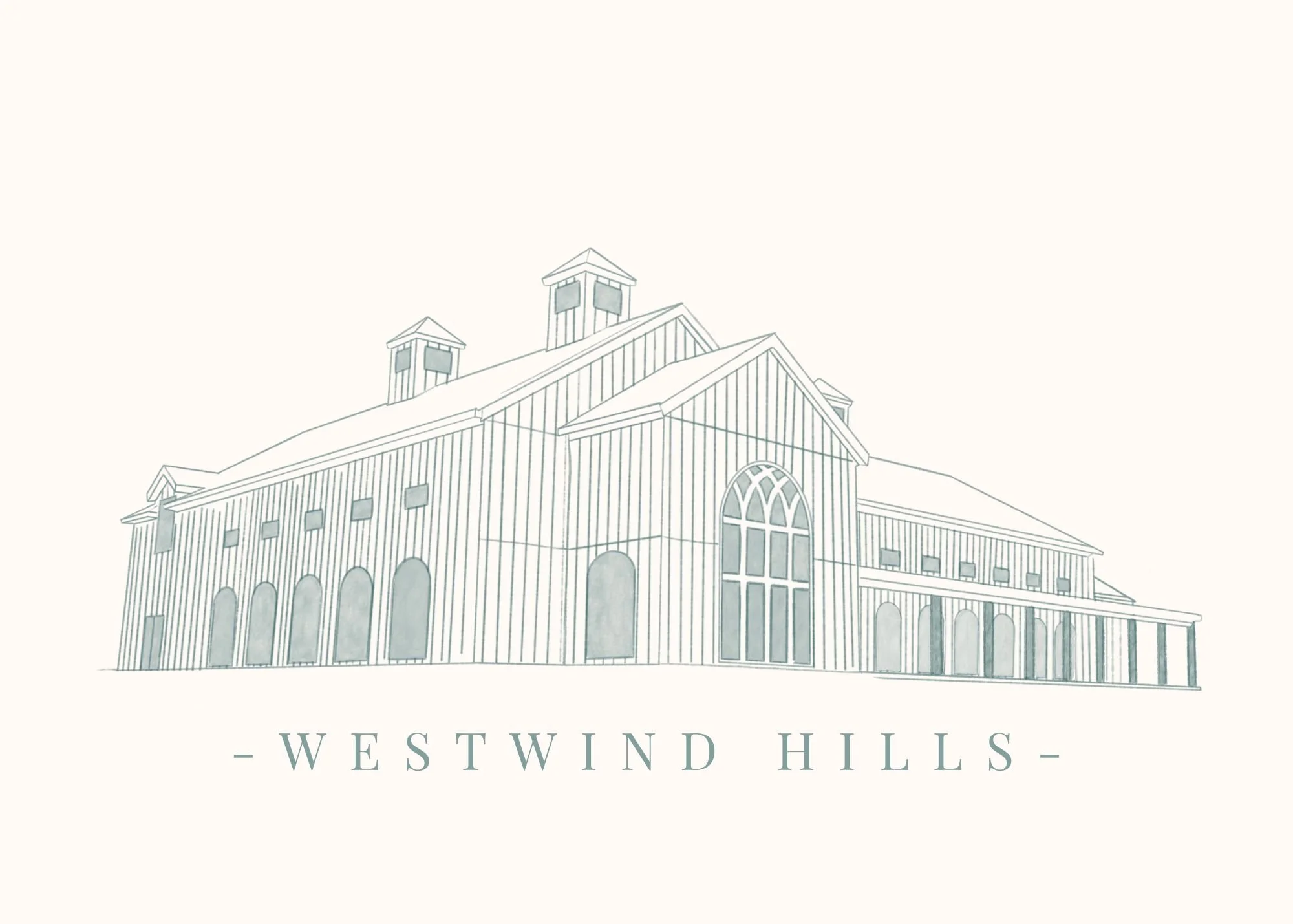 Illustration of a large building with multiple arches and windows, with the words "Westwind Hills" underneath.