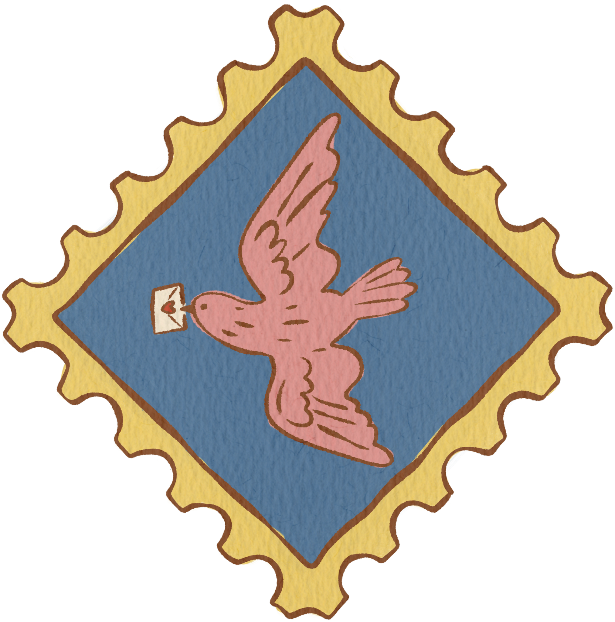 Illustration of a postage stamp with a yellow, scalloped border and blue background, featuring a pink bird holding a white envelope with a red heart.