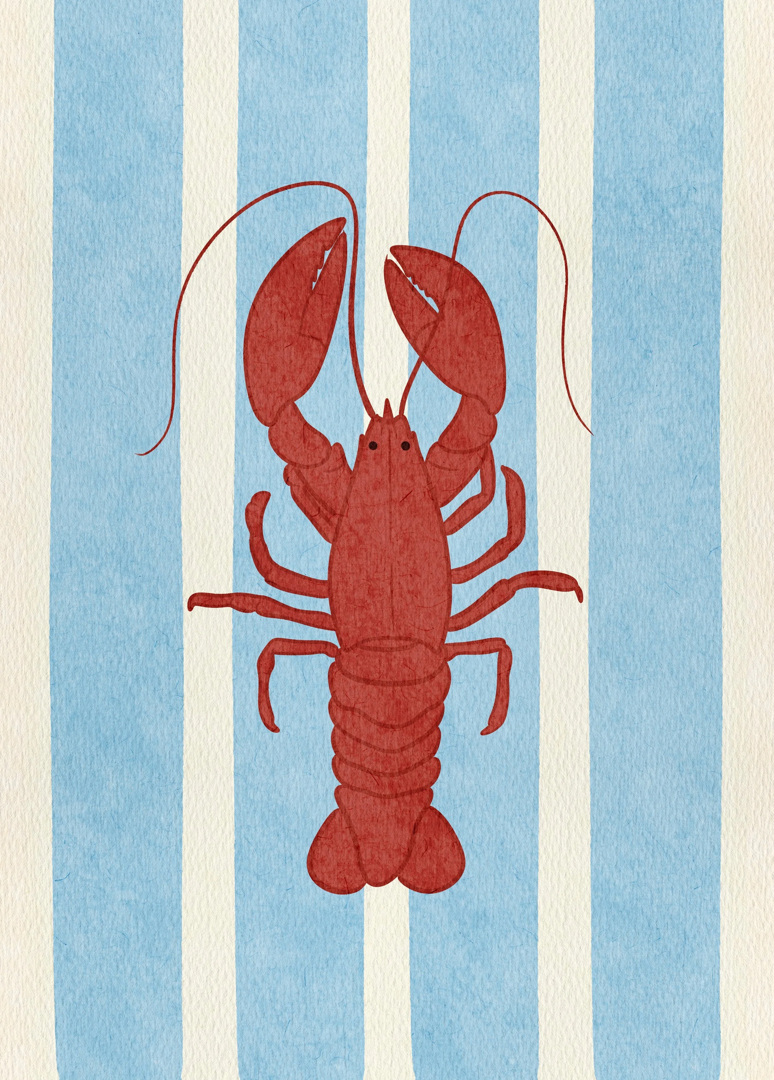 Illustration of a red lobster on a background with vertical blue and white stripes.