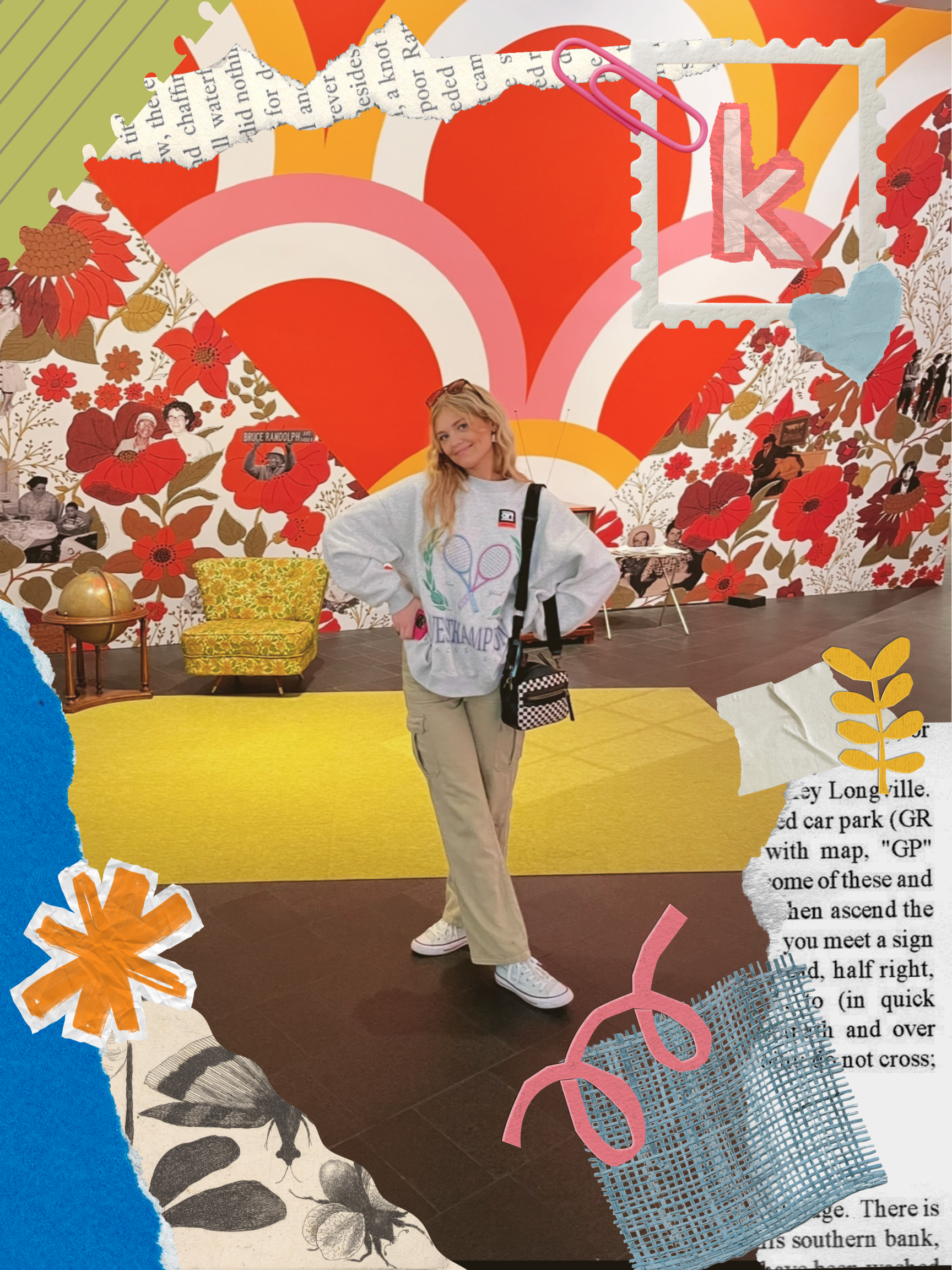 A young person with long blonde hair in a casual outfit, smiling and posing in front of a colorful background with floral designs, collage elements, and a yellow armchair.
