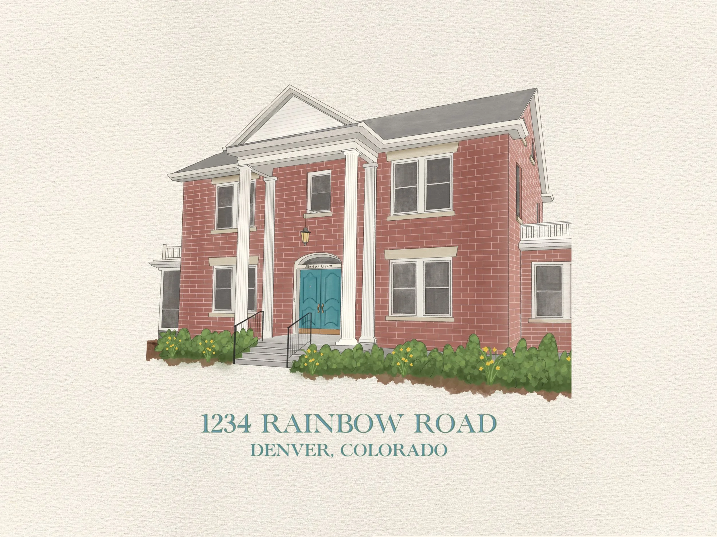 Illustration of a red brick house with white columns and a bright blue front door. Green bushes with yellow flowers surround the front. Text below the image reads '1234 Rainbow Road, Denver, Colorado'.