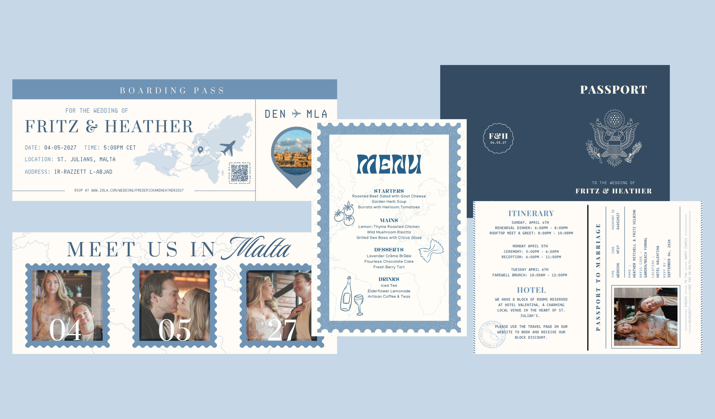 A wedding invitation design with a travel theme featuring a boarding pass, passport, map, and photos of the bride and groom, with details of the wedding location in Malta and itinerary.