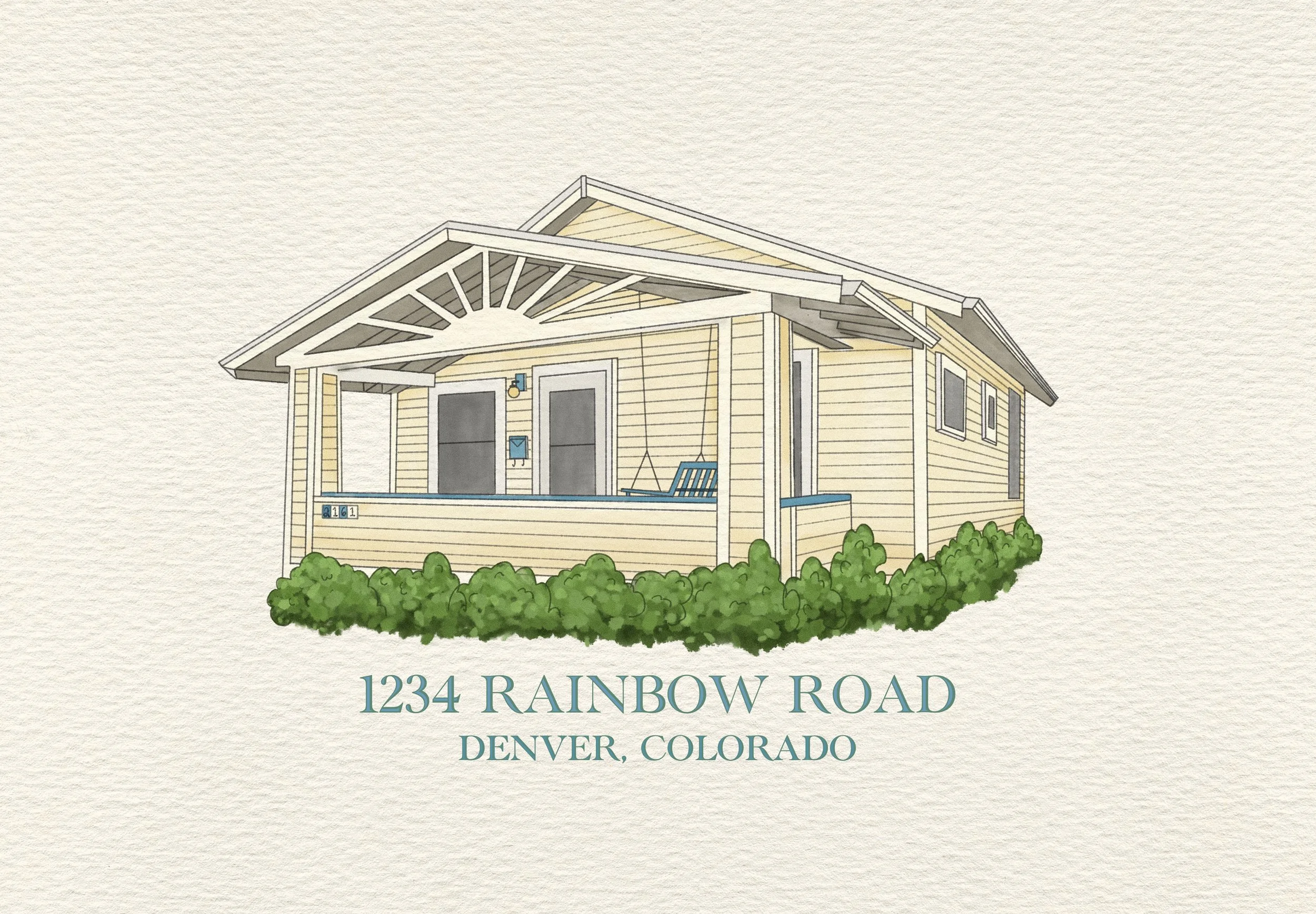 Illustration of a cream colored house with a porch, surrounded by green bushes, with text underneath reading: "1234 Rainbow Road, Denver, Colorado."