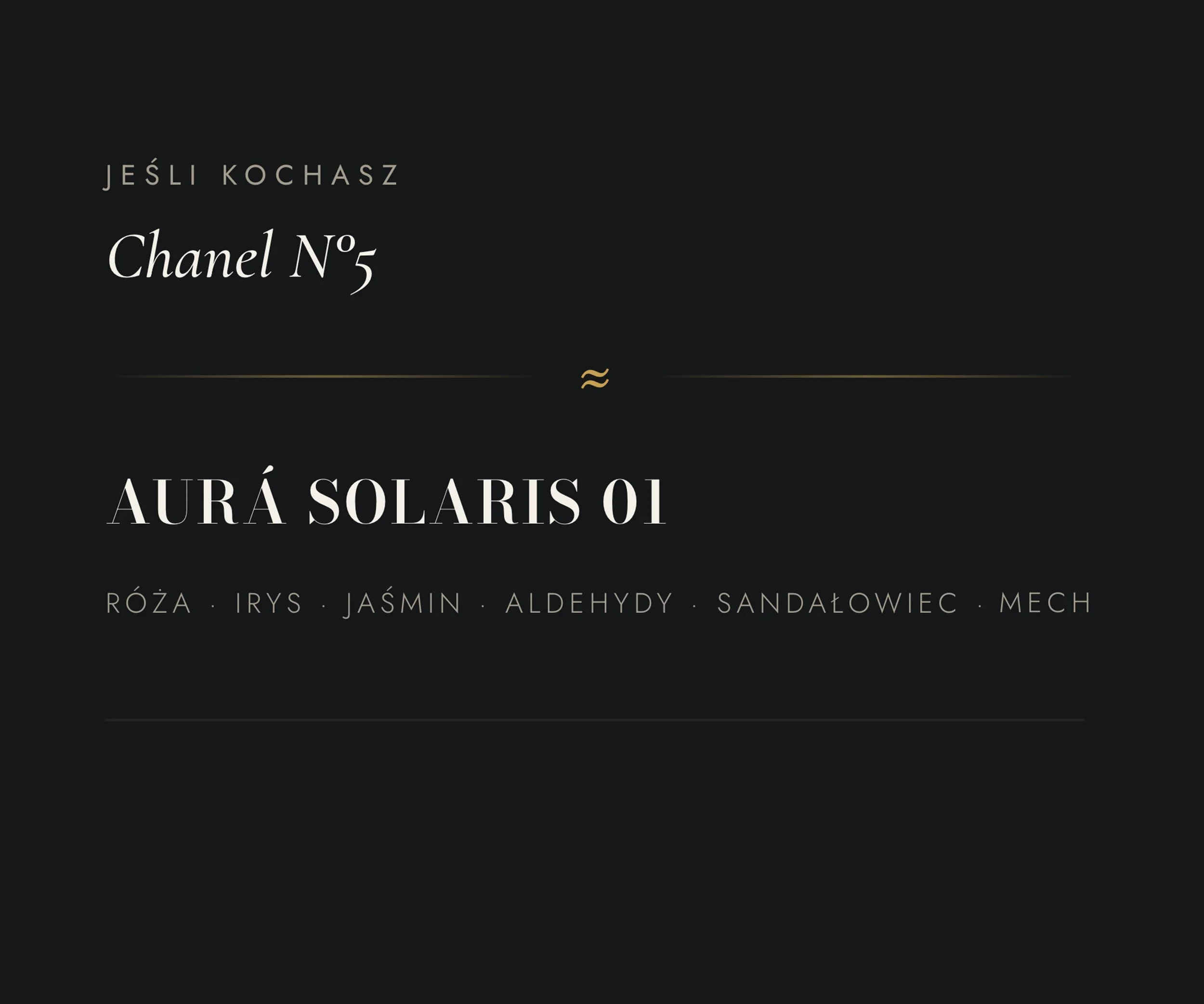 Text in Polish on a black background reads: "Jeśli kochasz Chanel No 5" and "Aura Solaris 01" with additional names below.
