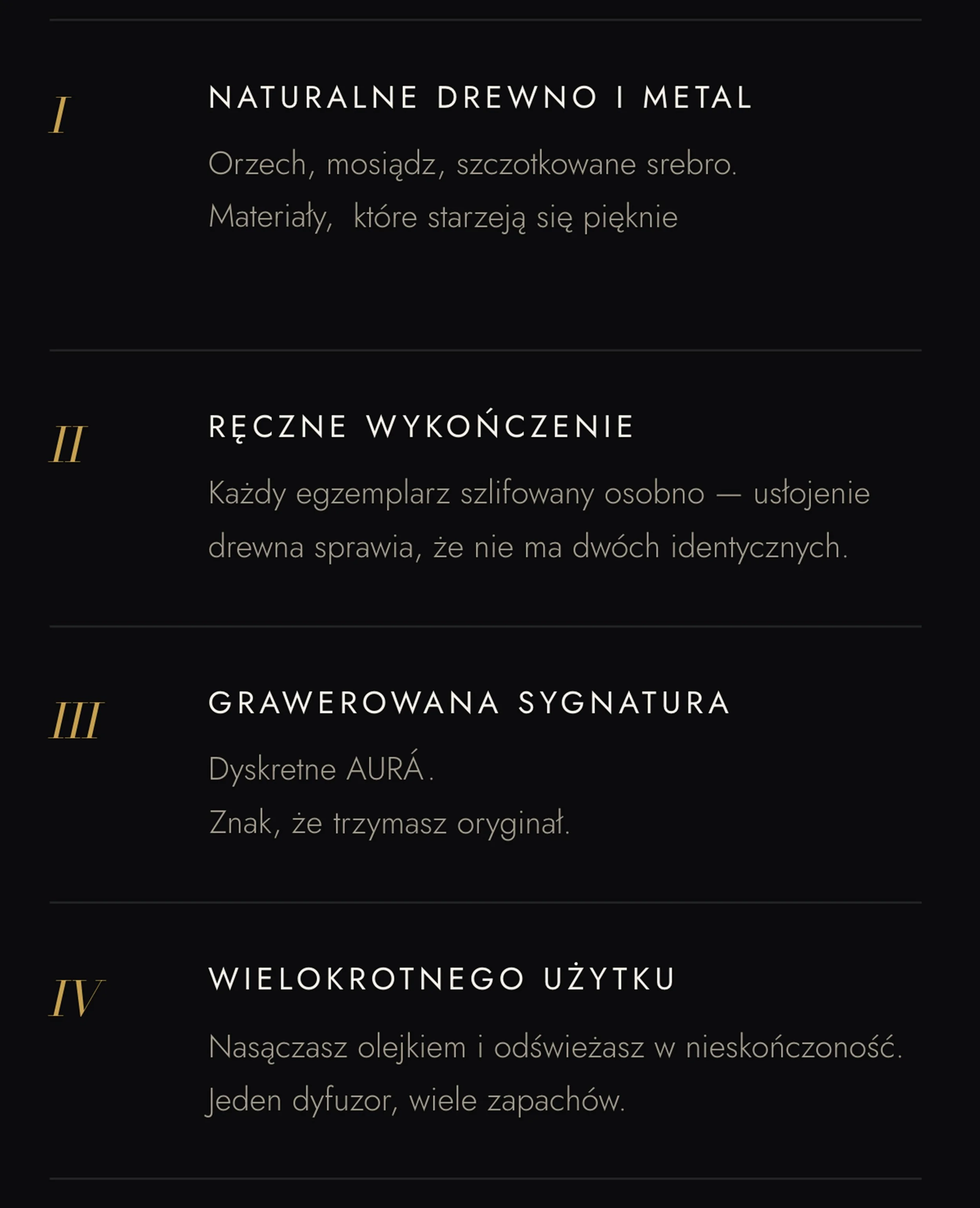 Close-up of Polish text on a black background, listing features of a product, including natural wood and metal, handcrafted finish, multiplied usage, and a diffuser with a scent.