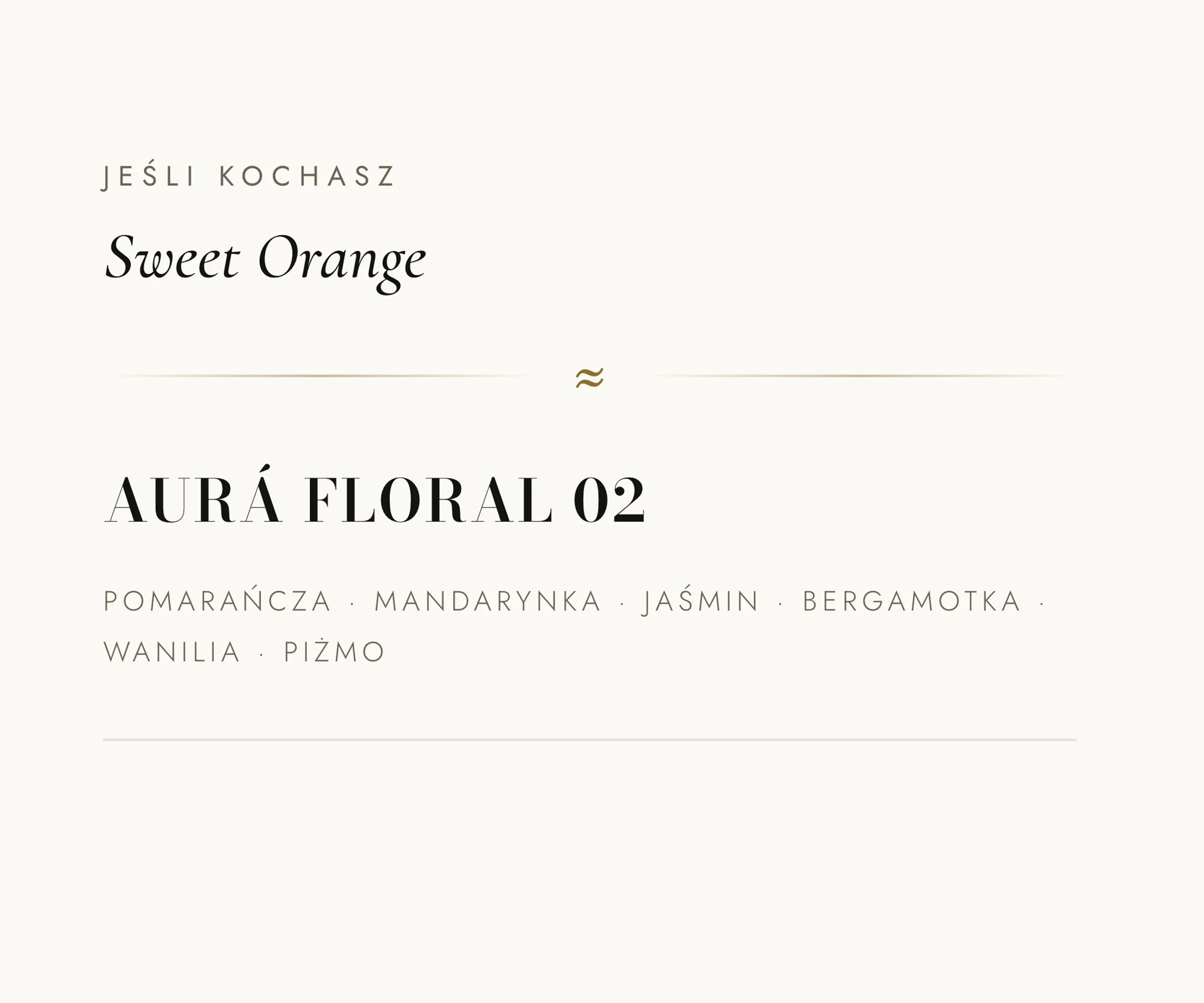 Image showing the title 'Sweet Orange' and the text 'AURA FLORAL 02' with a list of ingredients including orange, mandarin, jasmine, bergamot, vanilla, and plum.