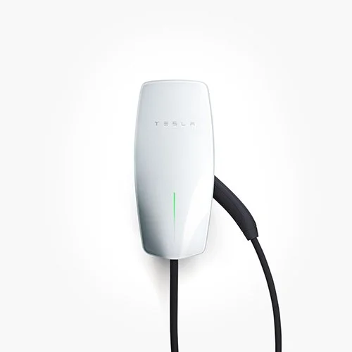 Tesla home charger for electric vehicles with a white and black design and a green indicator light.