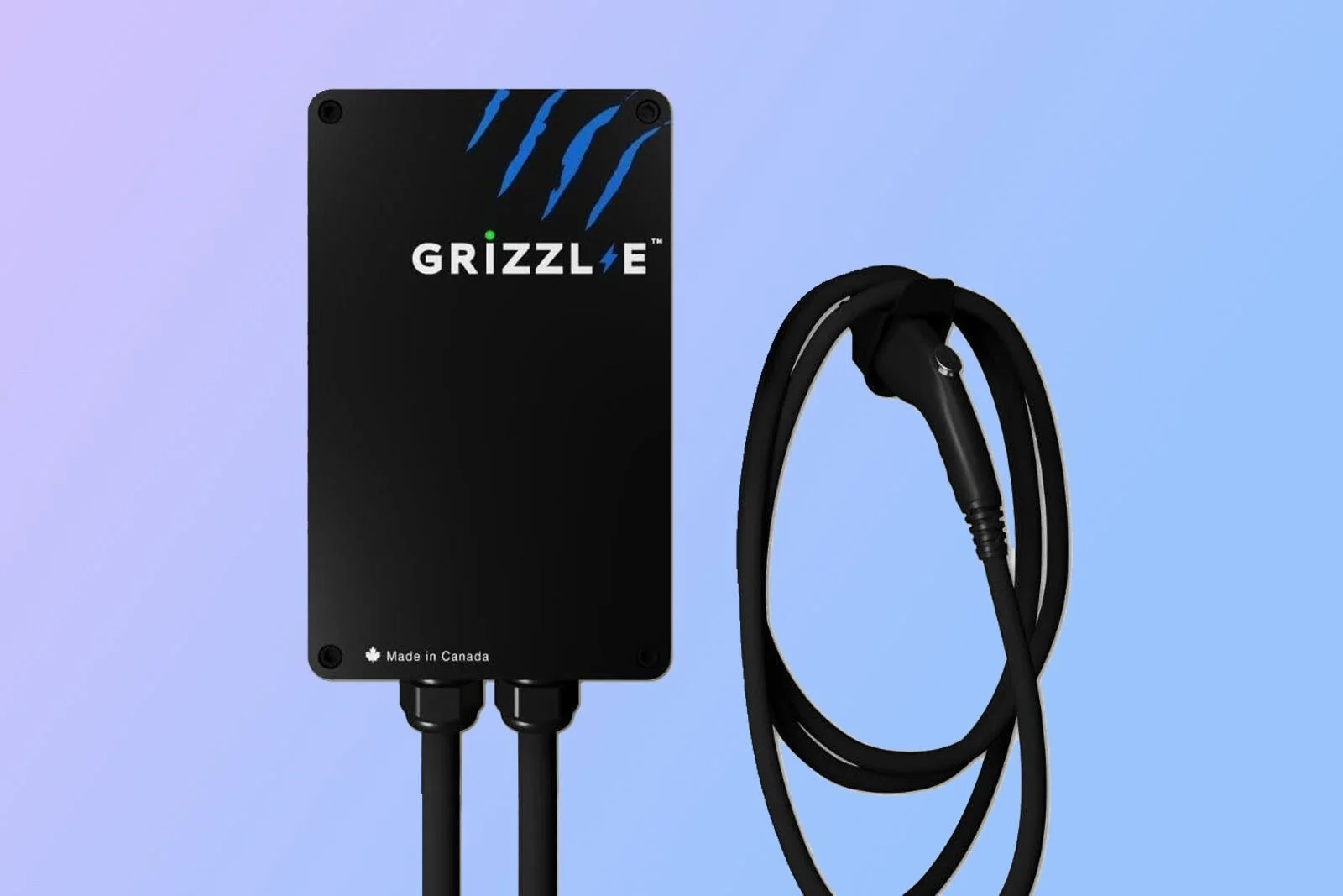 Black electric vehicle charging station with the brand name 'GRIZZL.E' and a charging cable attached, set against a gradient background.