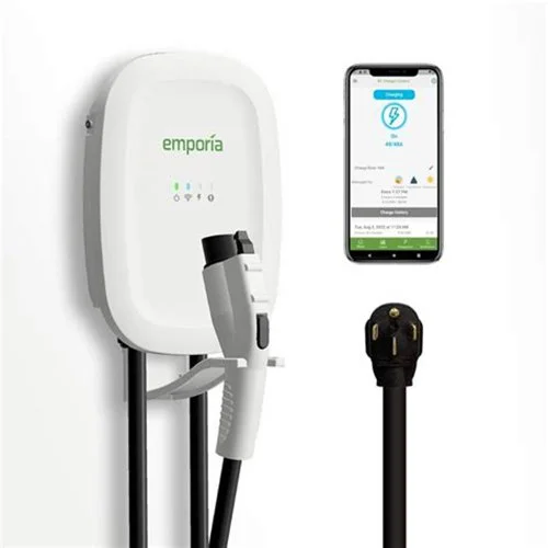 Electric vehicle charging station with a smartphone displaying an app, and a charging cable plugged into the station.