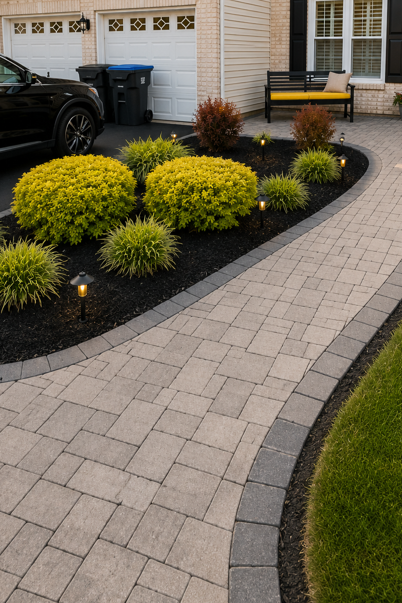 Curved stone paver walkway leading to a house with a garage, landscaped garden beds with green shrubs and plants, small garden lights, and a black bench on the porch.