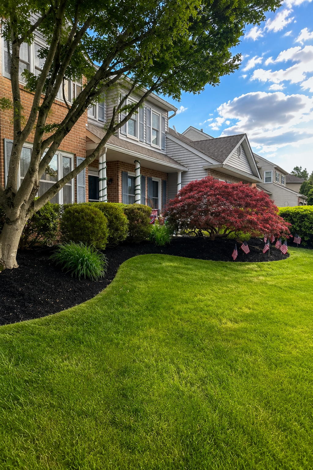 A well-maintained front yard of a suburban house with lush green grass, a small landscaped garden with bushes, a red leafy tree, and American flags planted in the soil. The house has a brick and siding exterior with large windows and a porch with white columns. A large tree with its branches and leaves partially obscures the view, and the sky is partly cloudy with patches of blue.