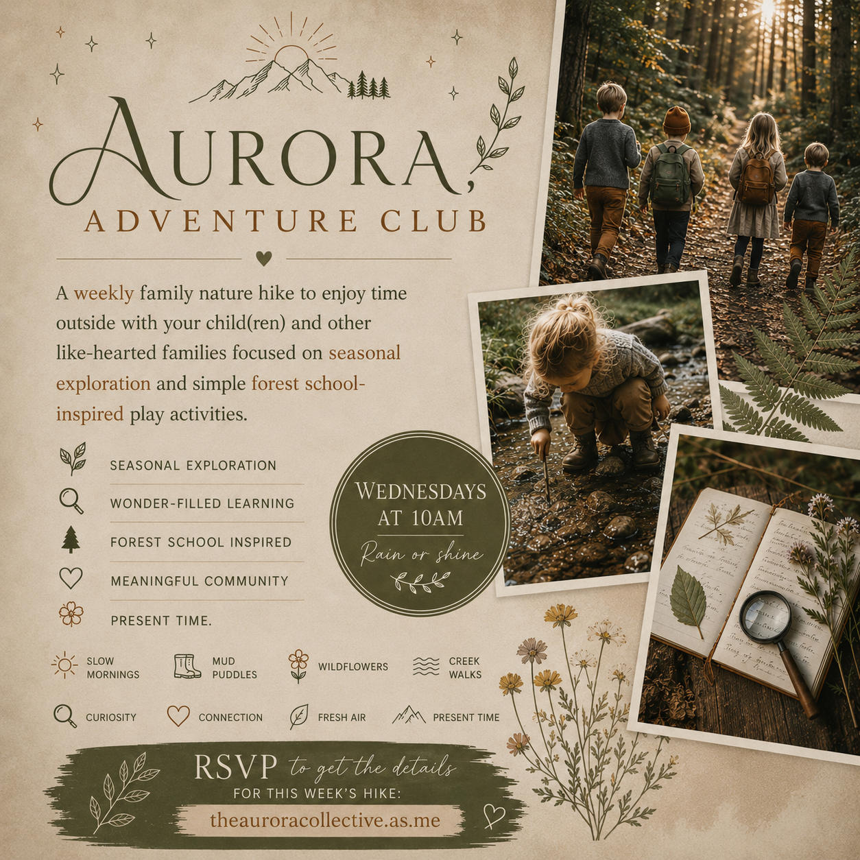 Flyer for Aurora Adventure Club featuring images of children hiking in a forest, exploring a creek, and writing in a journal with natural elements like leaves and wildflowers, promoting weekly family nature hikes on Wednesdays at 10 am.