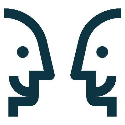 A simple graphic icon of two smiley faces looking at each other to represent genuine experience.