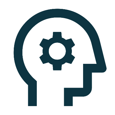 A simple graphic icon of head with a gear inside to represent systems-thinking.