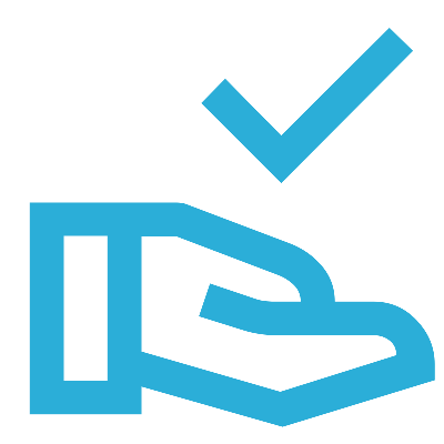 A simple graphic icon of a hand holding a checkmark to represent empowering decision making.