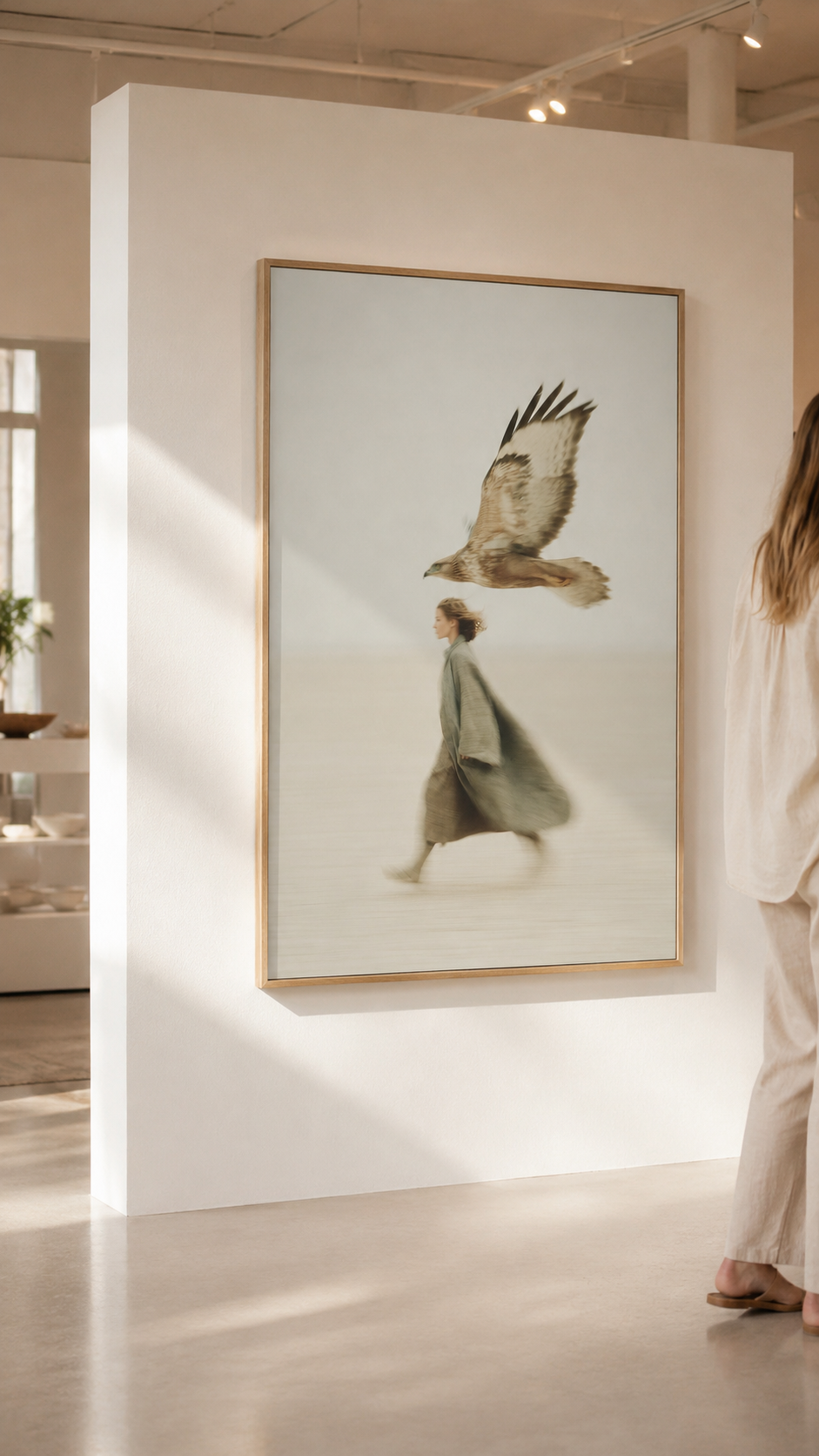A person walking on a beach with a large framed artwork featuring a woman and a flying bird, in an art gallery or museum.