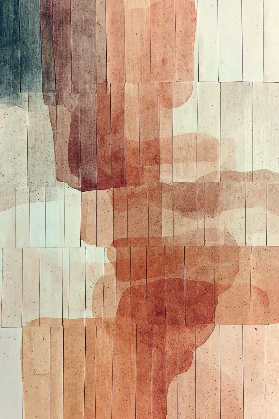 Abstract painting of a woman's silhouette on a wooden background, painted in shades of red, beige, and black.