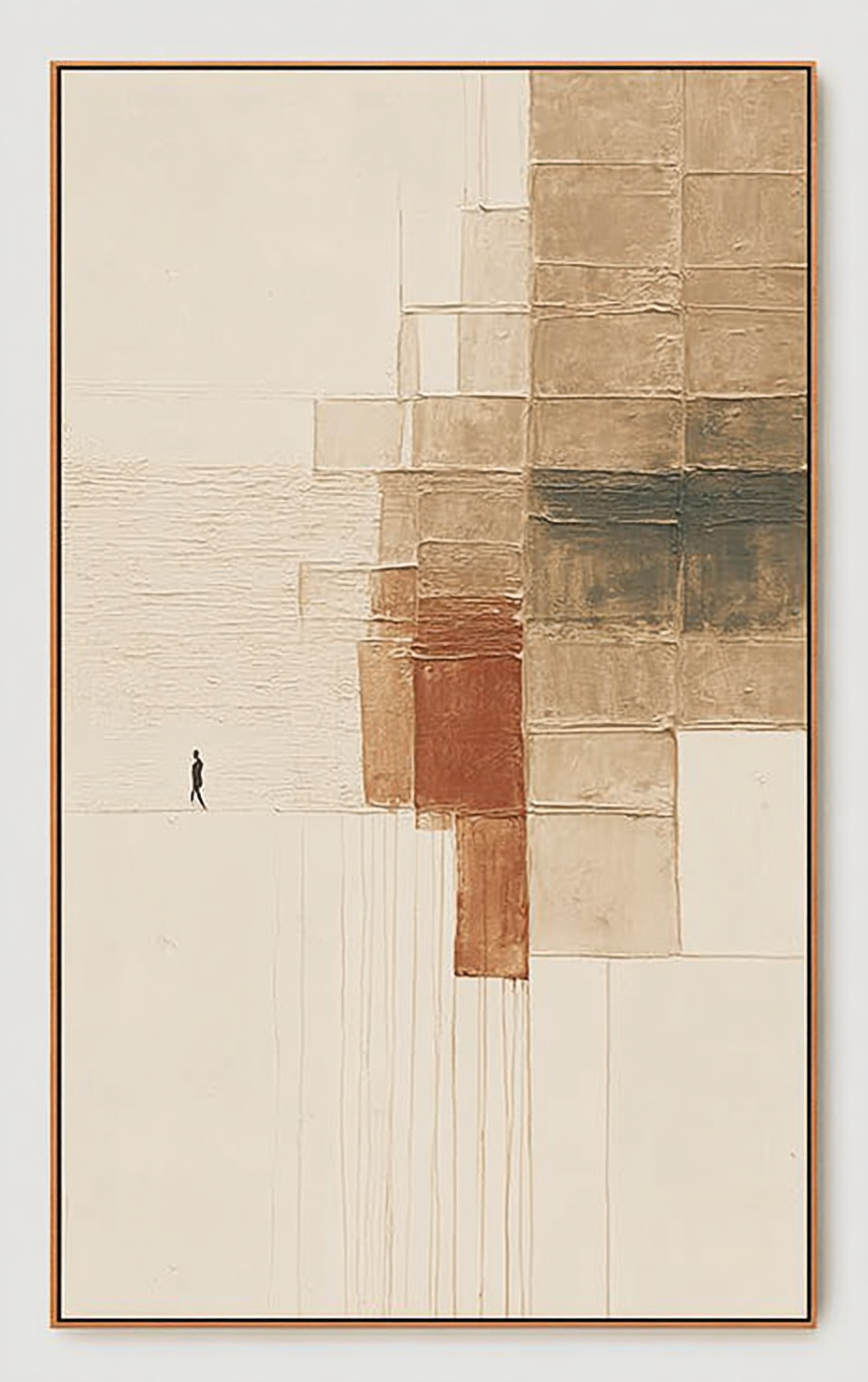 Abstract artwork with earthy tones and geometric shapes, featuring a solitary figure in the lower left corner.
