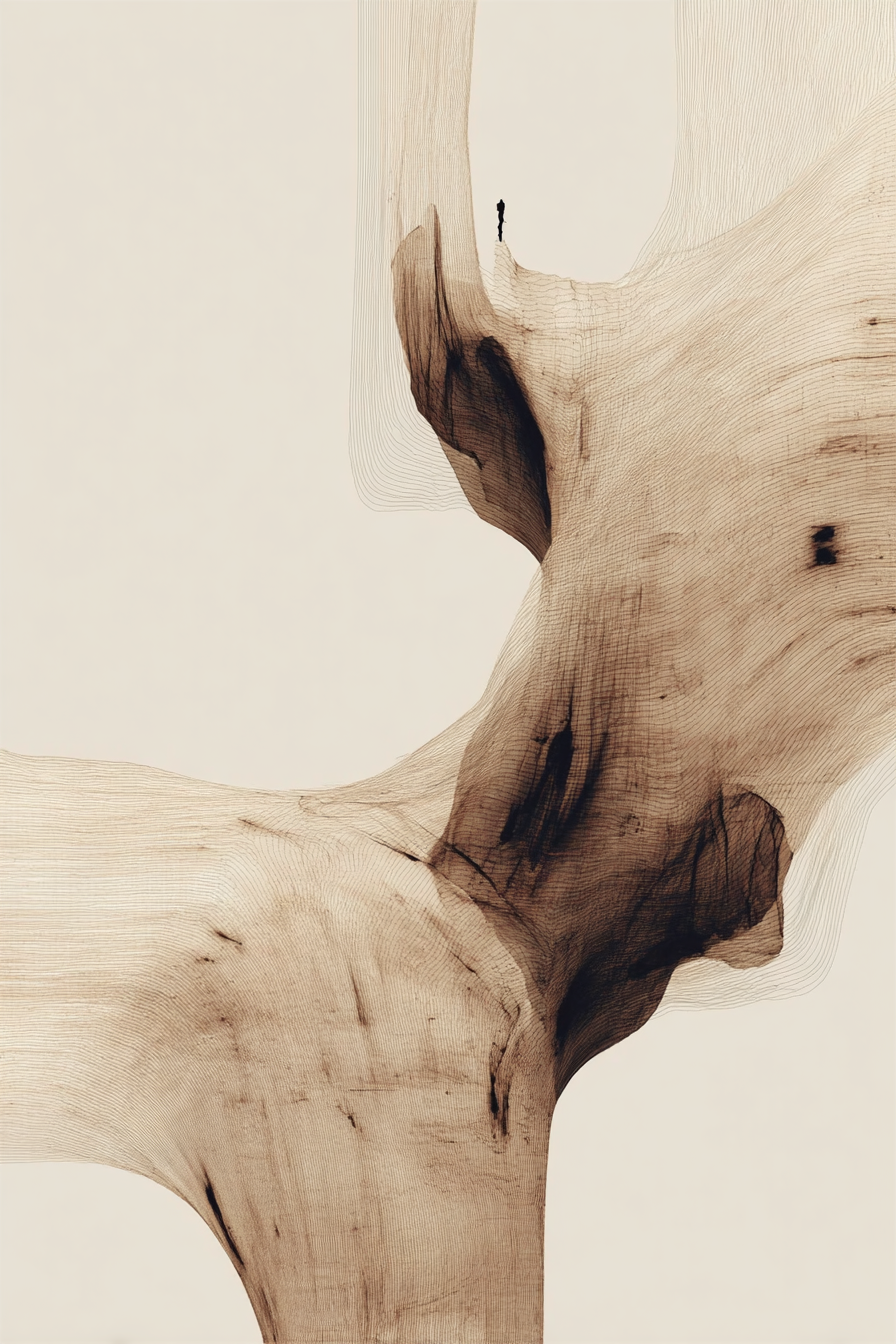 Abstract artwork resembling a wooden sculpture with a tiny silhouette of a person standing on top.