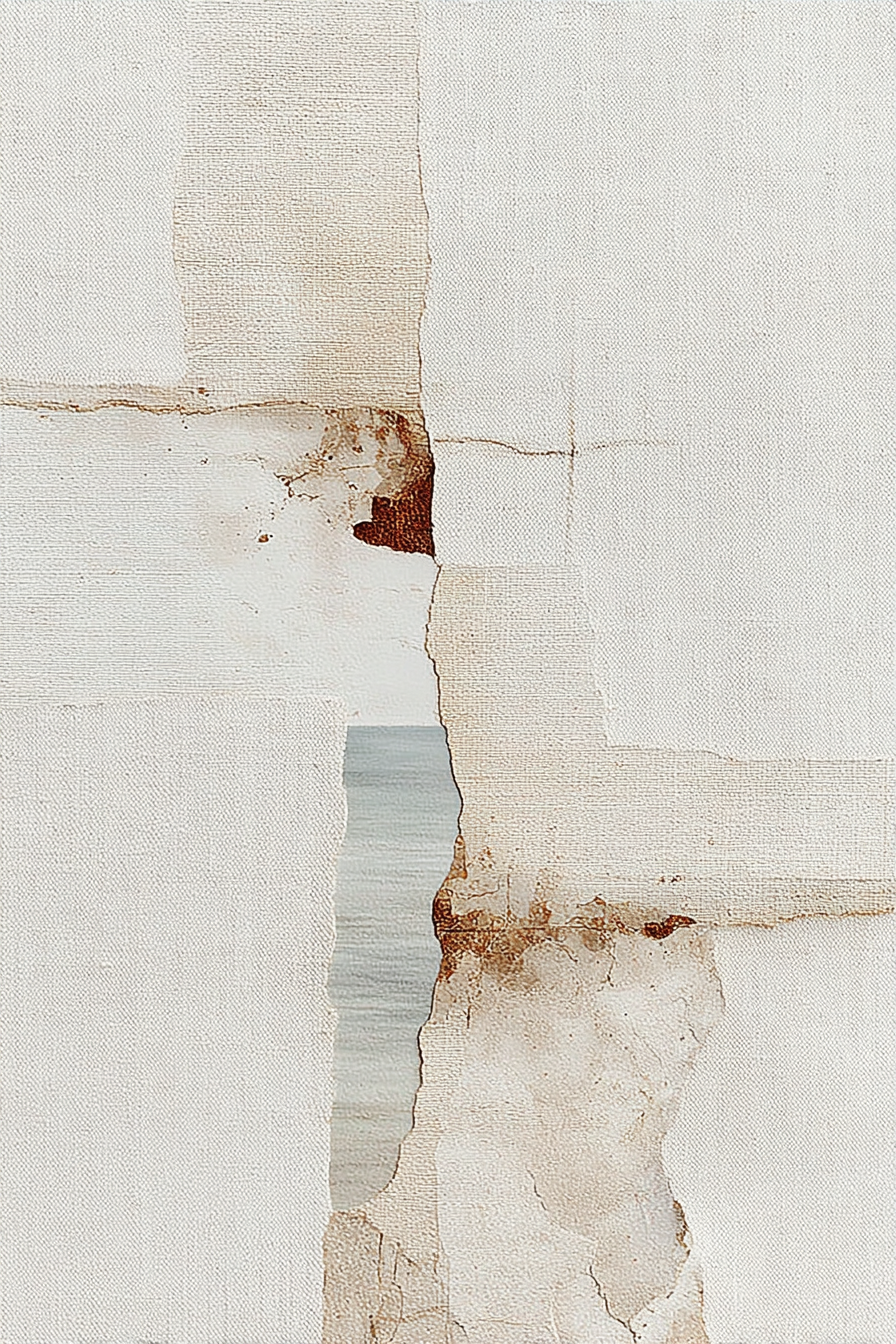 Close-up of torn, aged white wallpaper with a large vertical rip revealing a view of a sunset over water in the background.