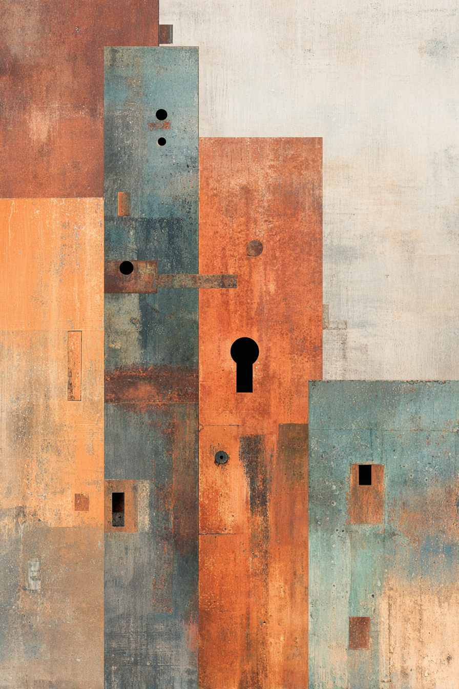 Abstract artwork with geometric shapes and textures in shades of rust, blue, and beige with keyhole and circular cutouts.