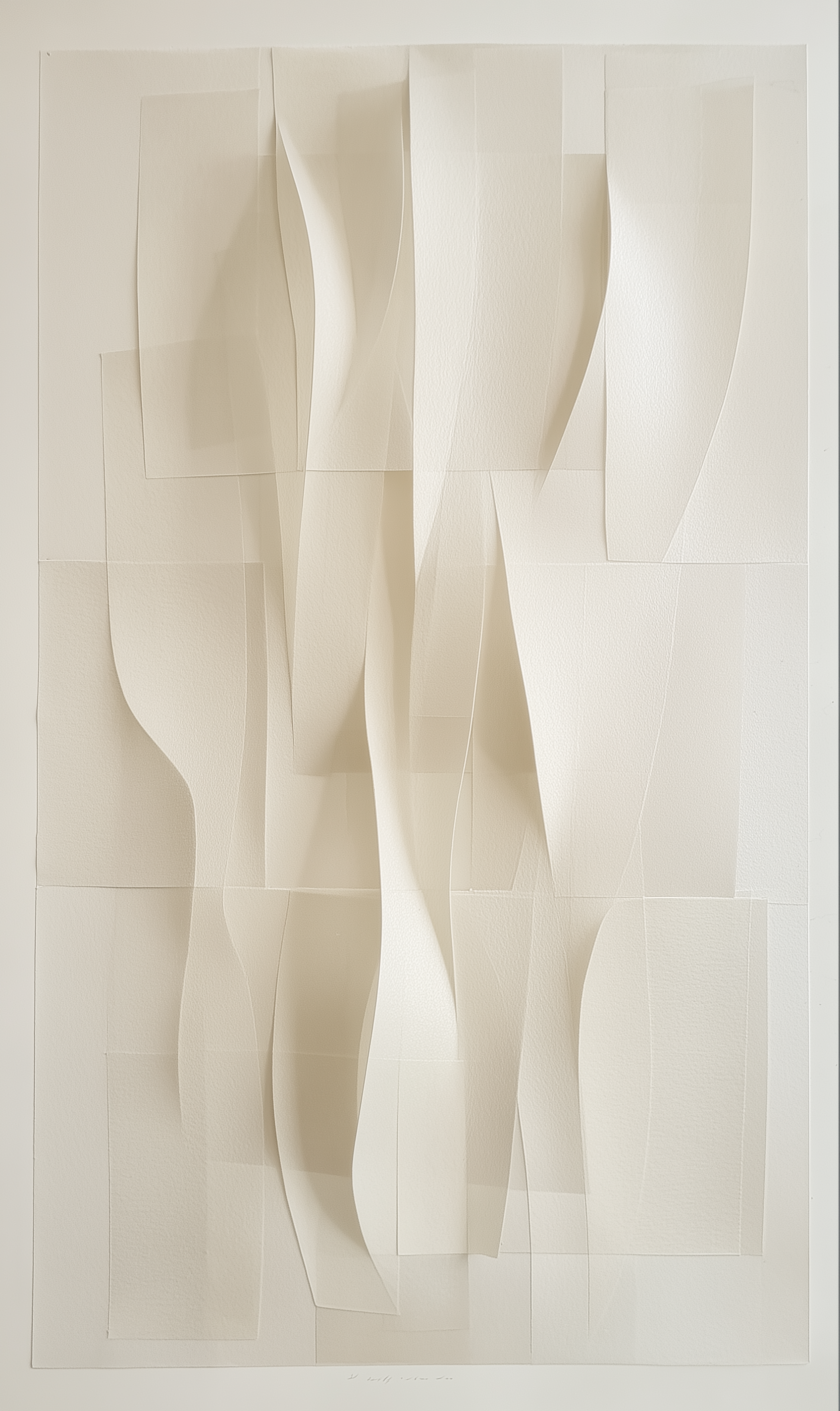 Abstract artwork featuring layered, curved, white paper or material arranged to create a sense of depth and fluidity on a light background.