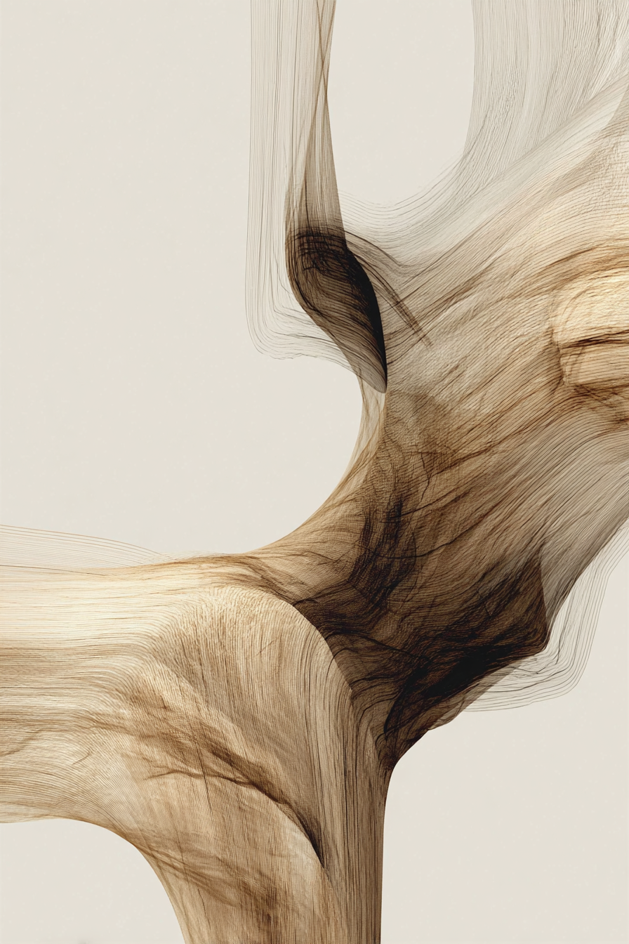 Abstract digital art with flowing, layered lines in shades of beige and black on a white background.