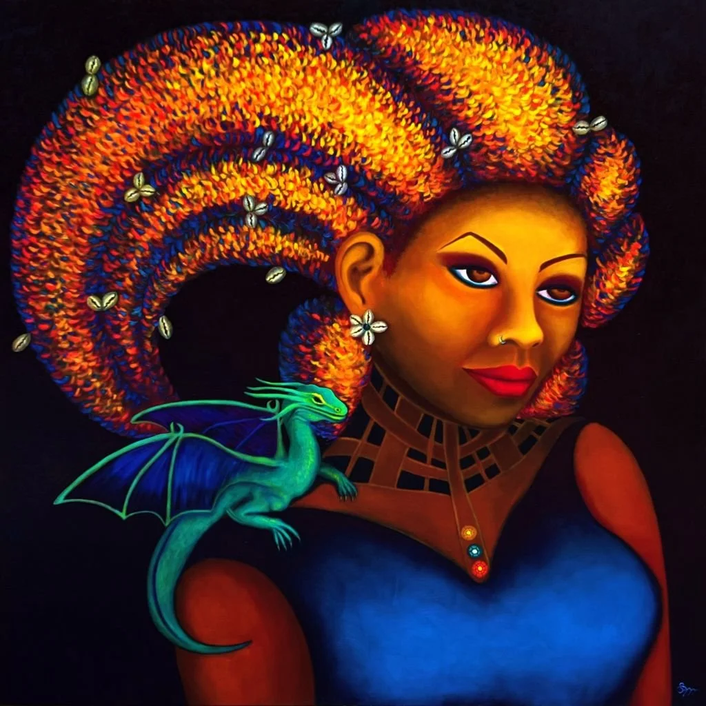 A Girl and Her Dragon, oil on 54x54 canvas