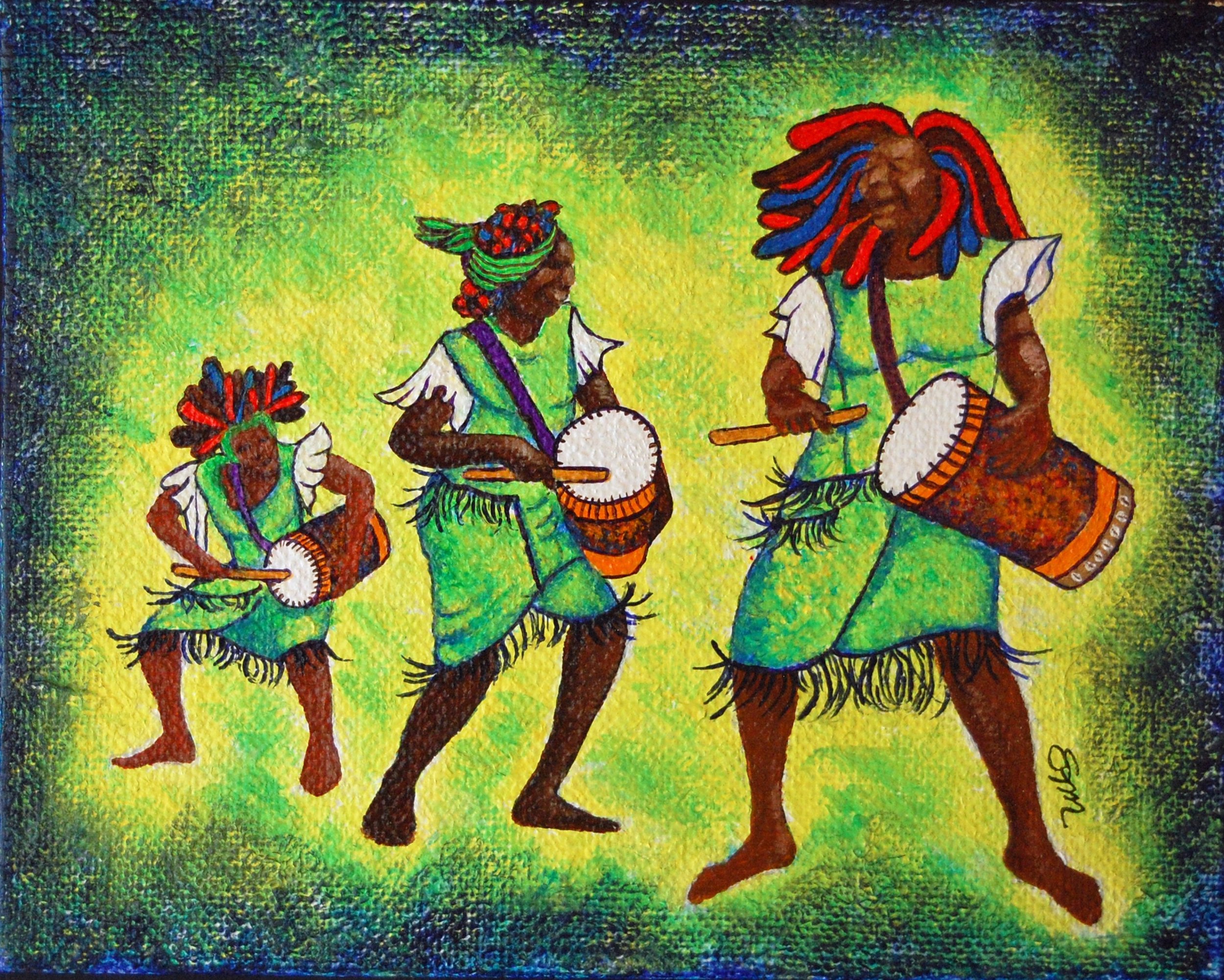 Drummers Three, oil on 8x10 burlap (sold)
