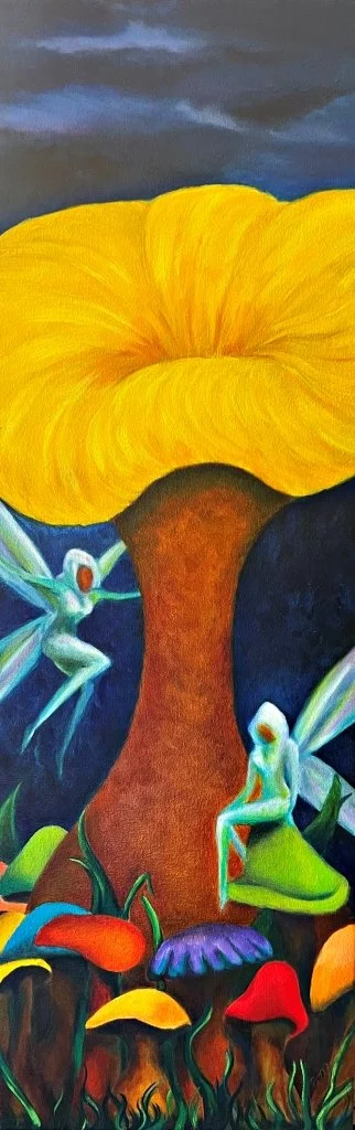 Fairies in a Mushroom Garden II, oil on 12x24 canvas