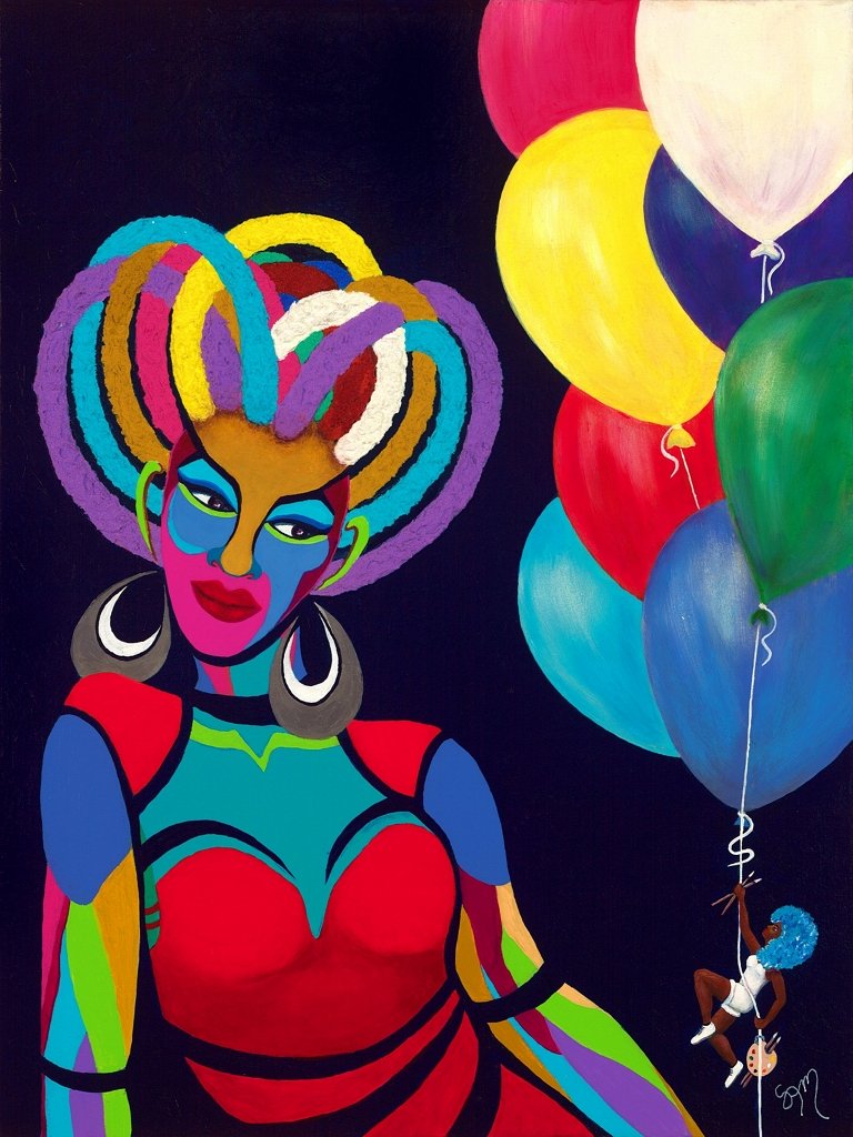 Paper Doll & Live Girl with Balloons, acrylic on 24x30 canvas