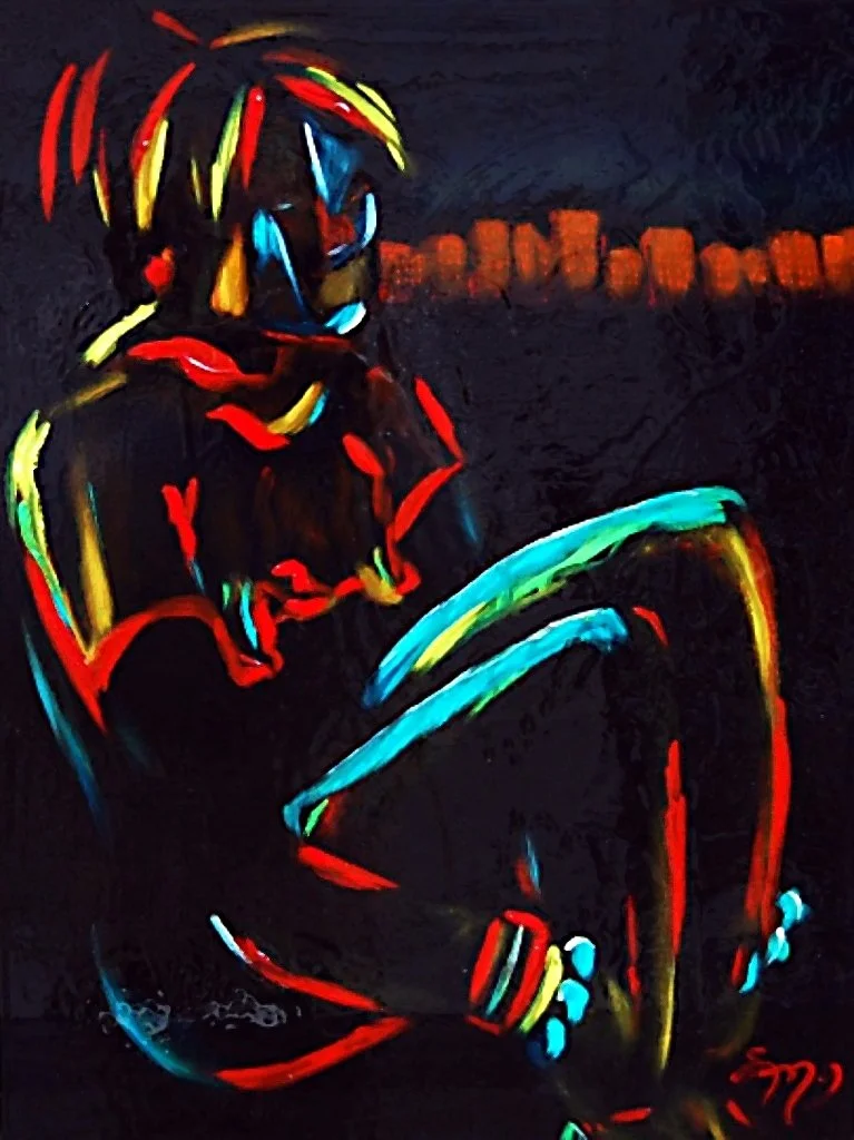 Cornered in Neon, oil on 20x24 wood