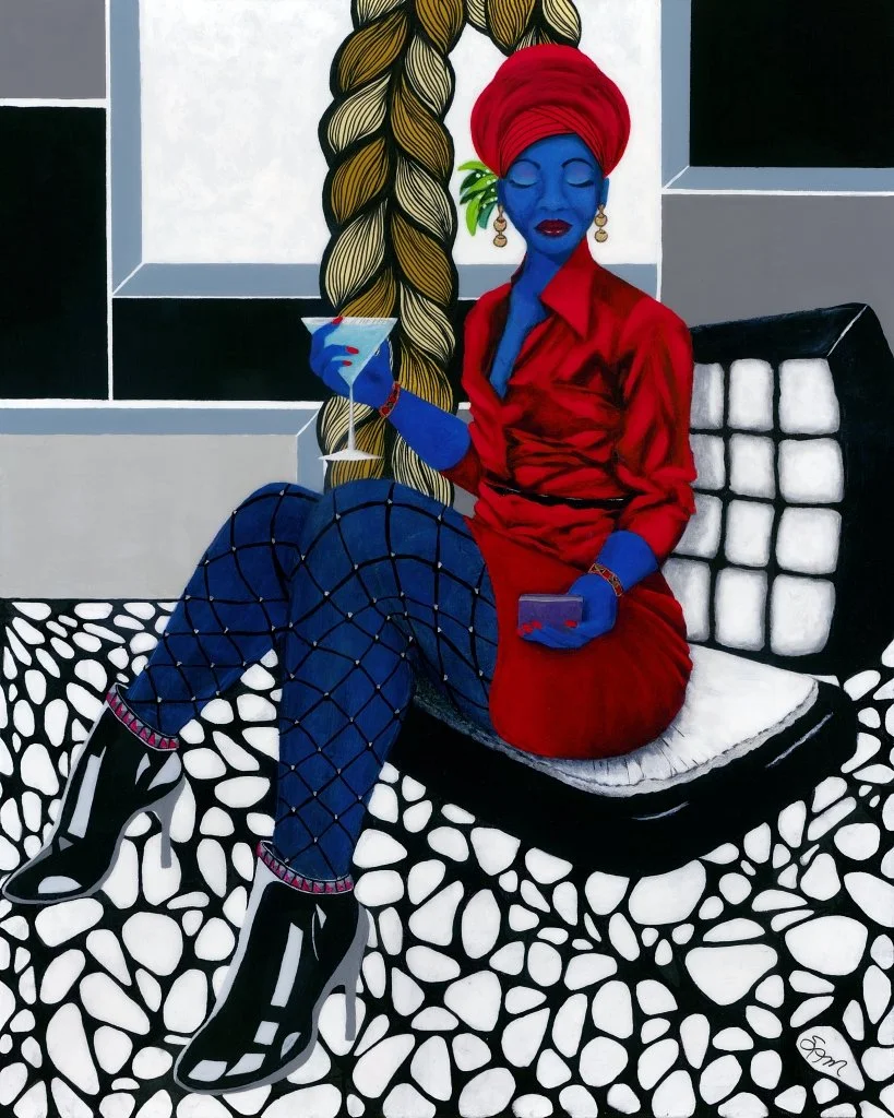 A stylized painting of a woman with blue skin, sitting on a modern black couch holding a martini glass and a smartphone. She is wearing a red headscarf, red blouse, patterned blue pants, and black boots. The background features a black-and-white geometric floor pattern and a wall with abstract design elements.