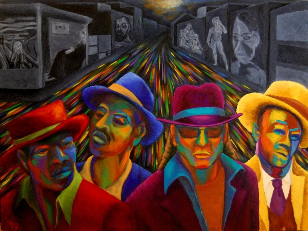 Colorful painting of four people wearing hats and sunglasses in front of a multicolored road, with a dark background featuring graffiti and black-and-white portraits in urban setting.