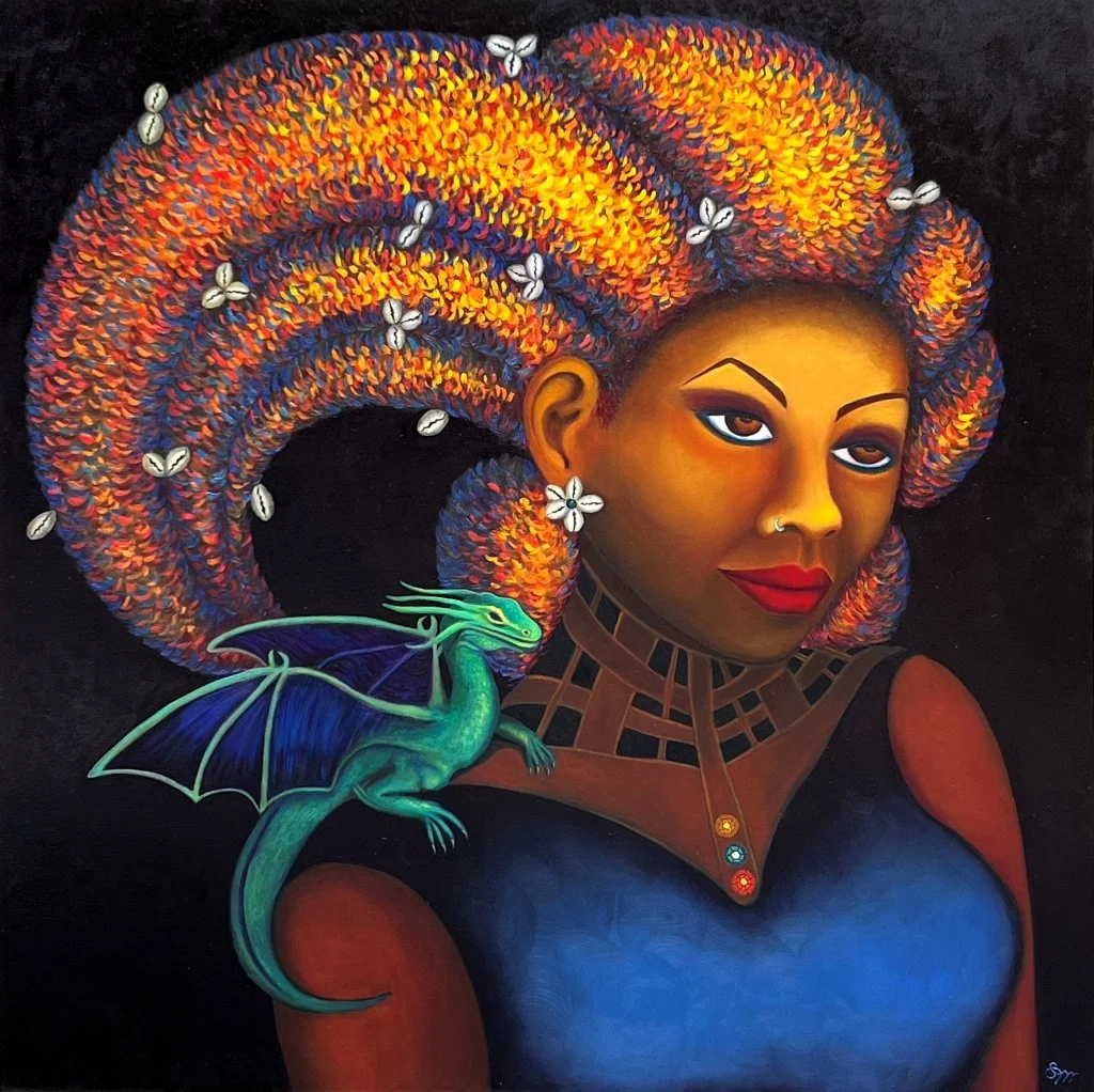 A Girl and Her Dragon, oil on 54x54 canvas