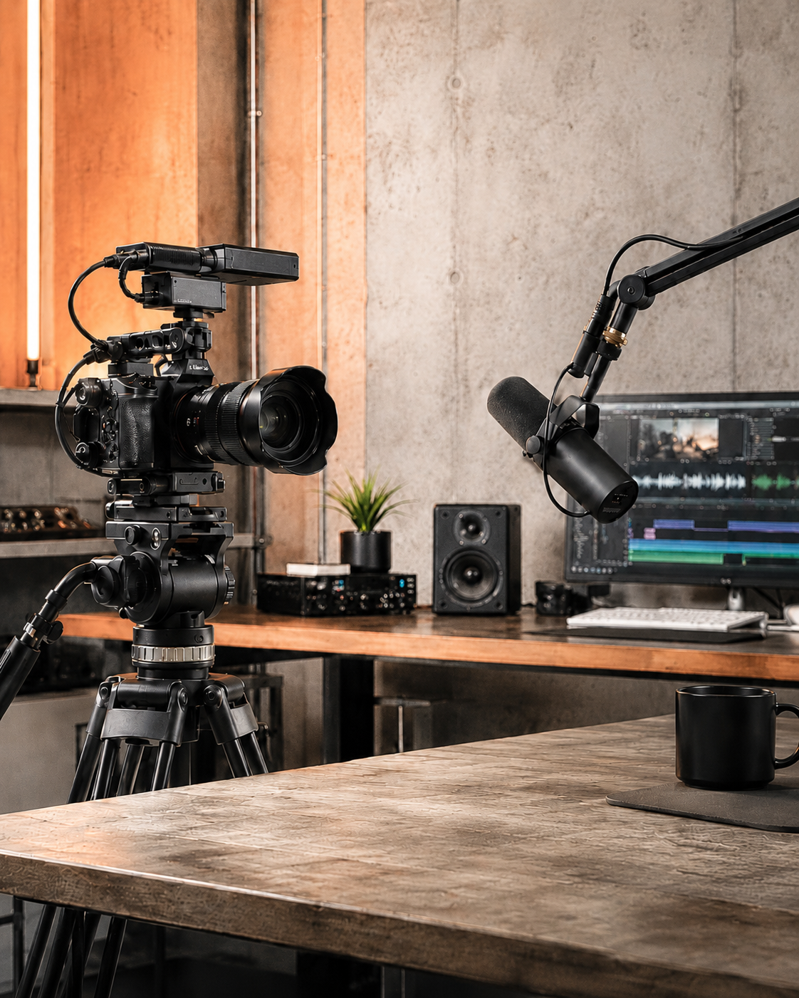 A professional video recording setup with a camera on a tripod, a microphone suspended from an adjustable arm, a computer monitor displaying video editing software, and a potted plant and speaker in the background.