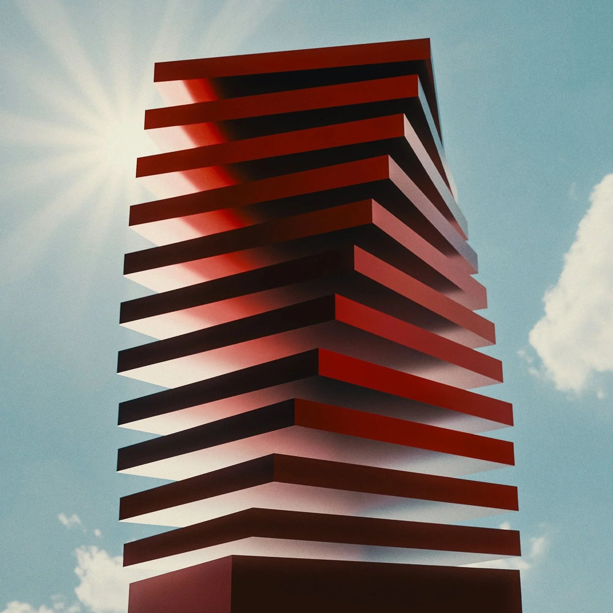 A modern, abstract sculpture with horizontal red and black stripes, set against a clear blue sky with a few clouds.