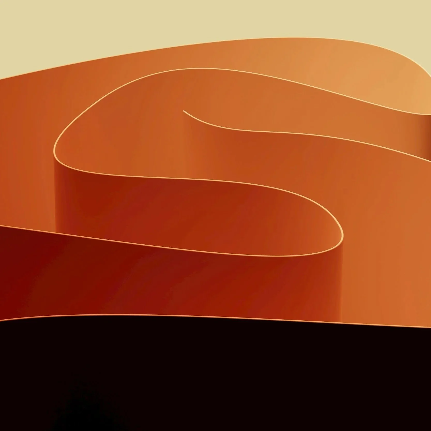 Abstract digital art with flowing, layered shapes in orange, black, and beige tones.