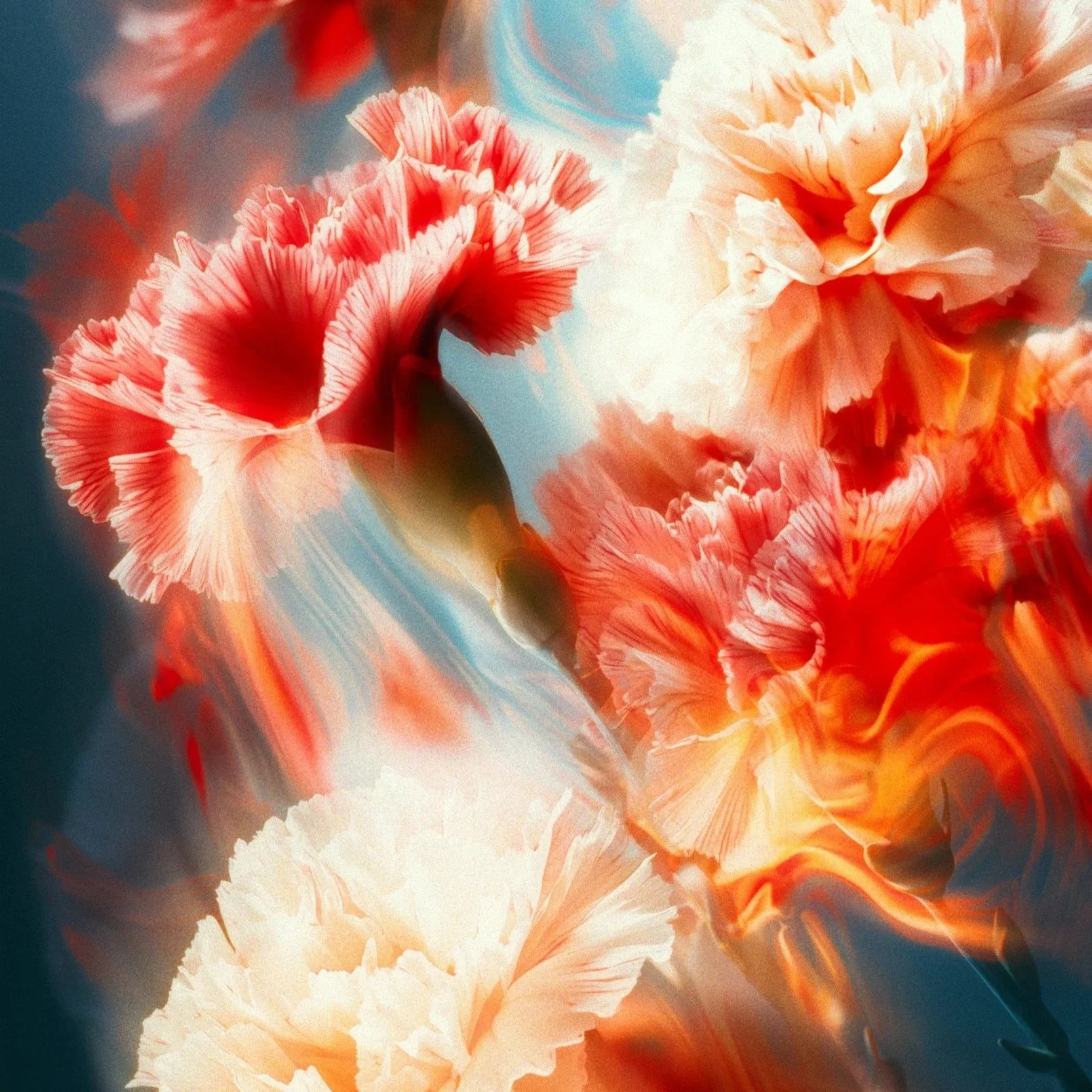 Close-up of vibrant, ruffled, peach-colored flowers with a swirling, abstract background of orange, blue, and white.