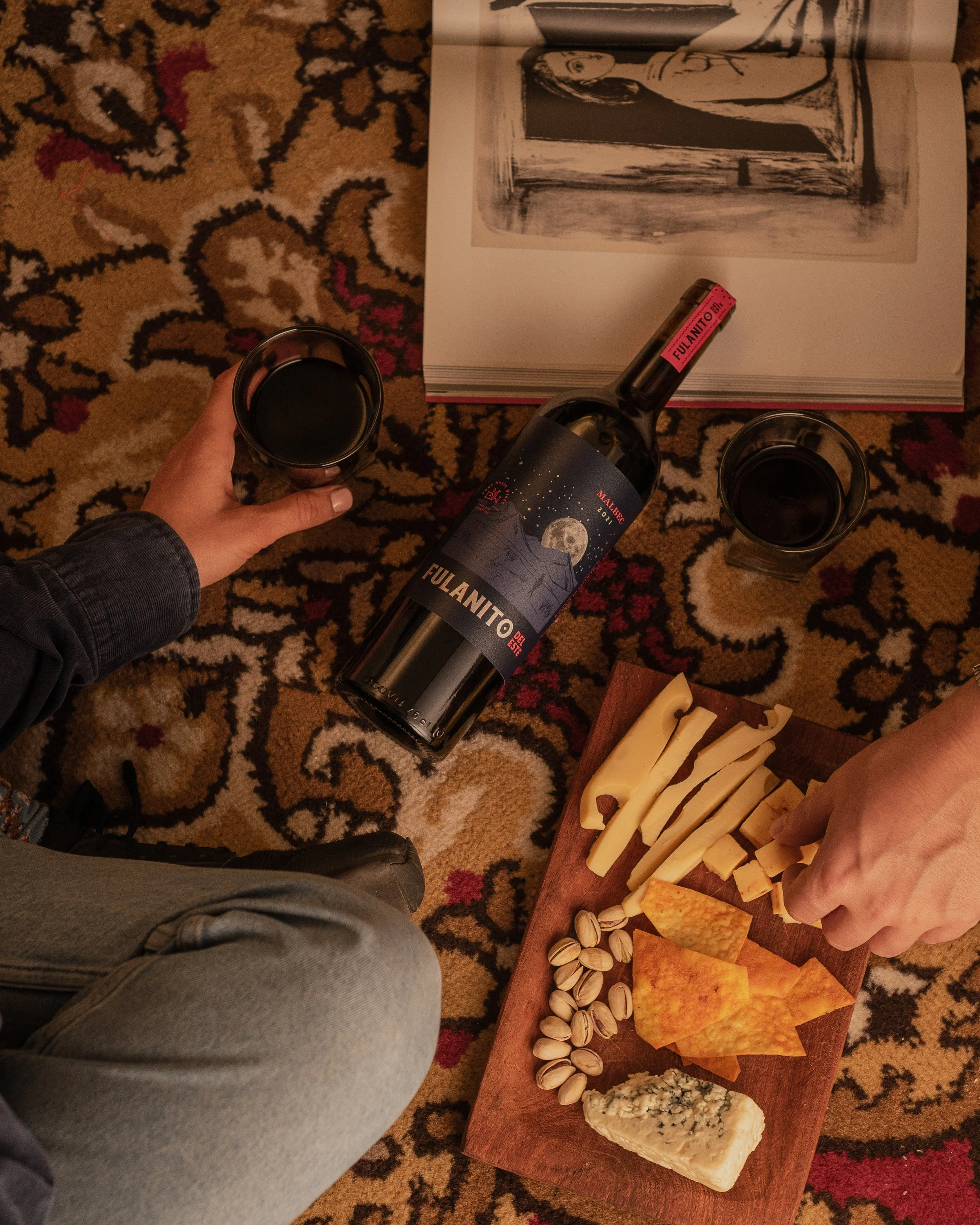 Tabla con queso, pistachos, galletas saladas y queso azul, dos vasos de vino tinto, libro abierto con ilustración de mujer, botella de vino Malbec, y una mano sirviendo queso.