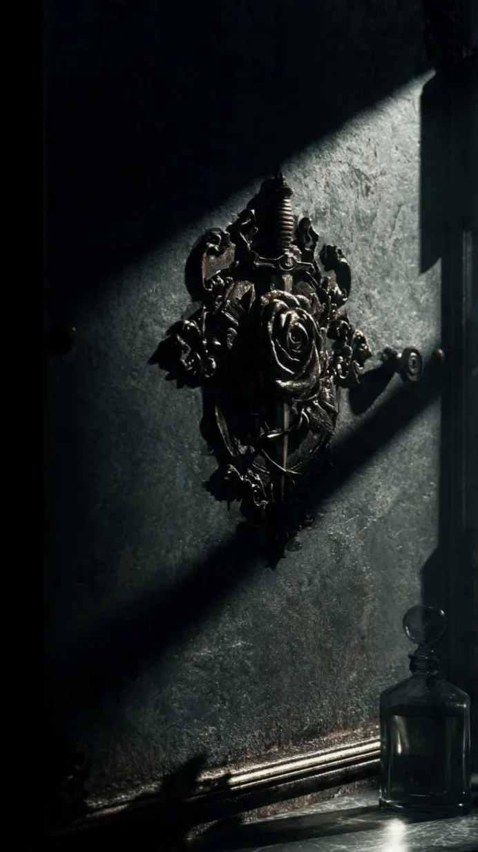 Dark ornate wall sconce with roses, casting a shadow on a textured wall, next to a glass bottle.