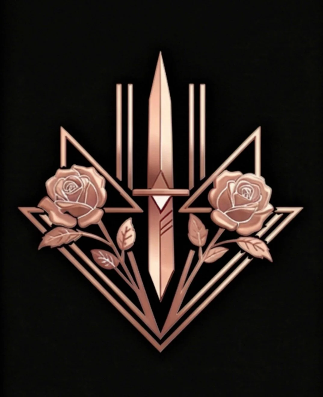 A stylized emblem featuring a central sword, surrounded by roses, with geometric lines and shapes in a rose gold color against a black background.
