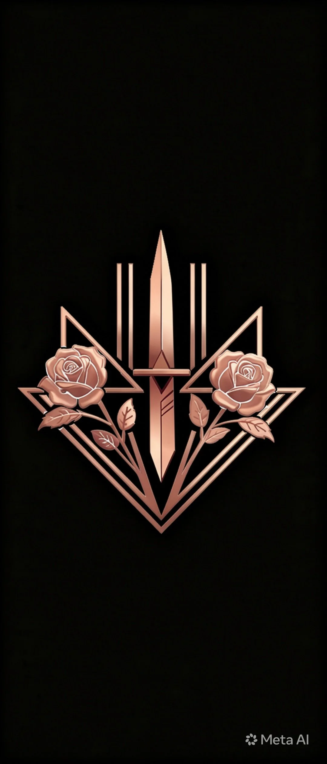 A metallic pink geometric design with roses, leaves, and a dagger on a black background.